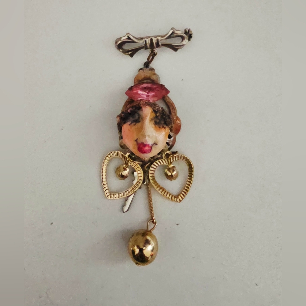 Painted Lady Goth Bohemian Gypsy Artistic Gold and Pink Jewel Face Brooch